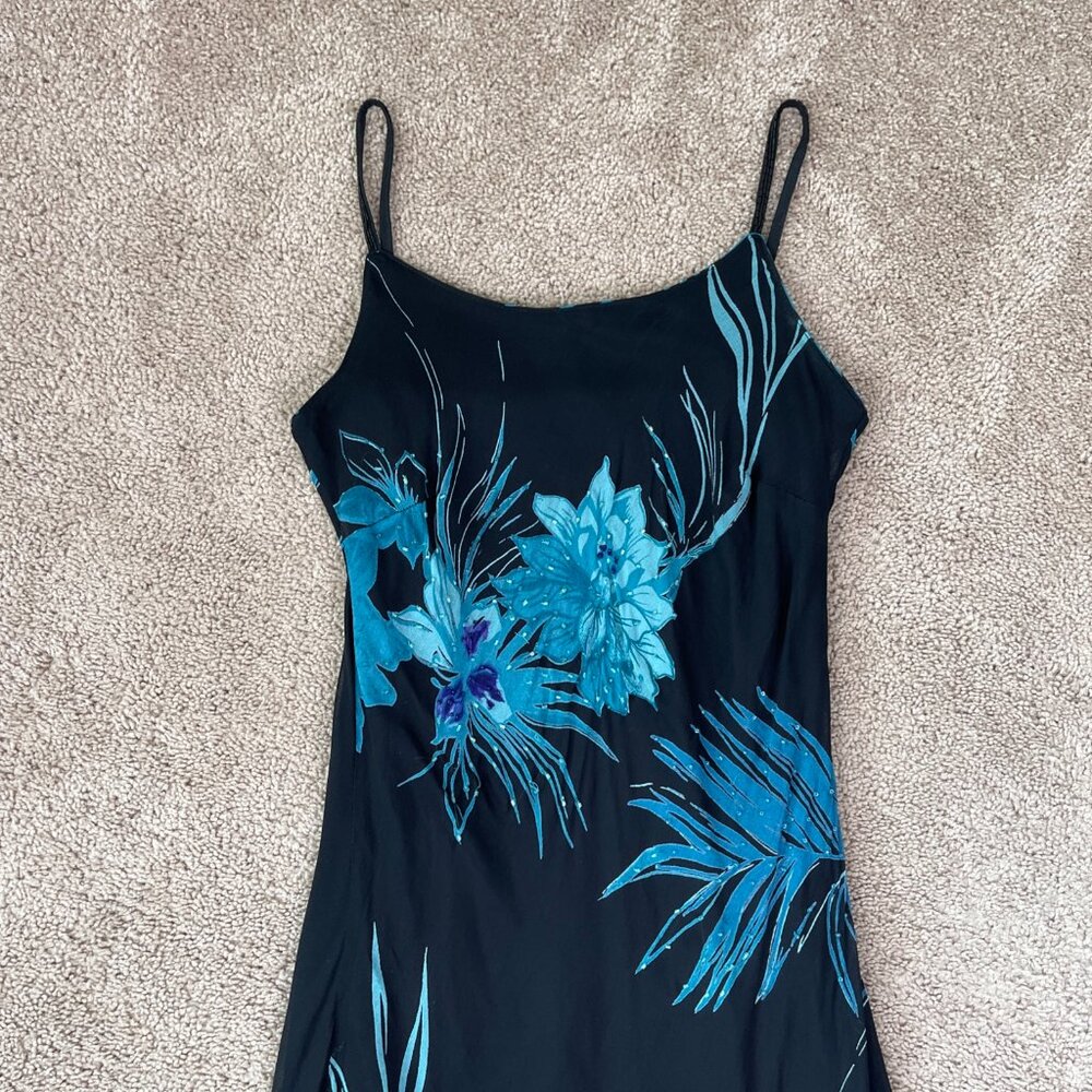 Eva Blue Dress Womens M Blue Floral Tropical Beaded Midi Y2K Whimsygoth Fairy - Picture 4 of 12
